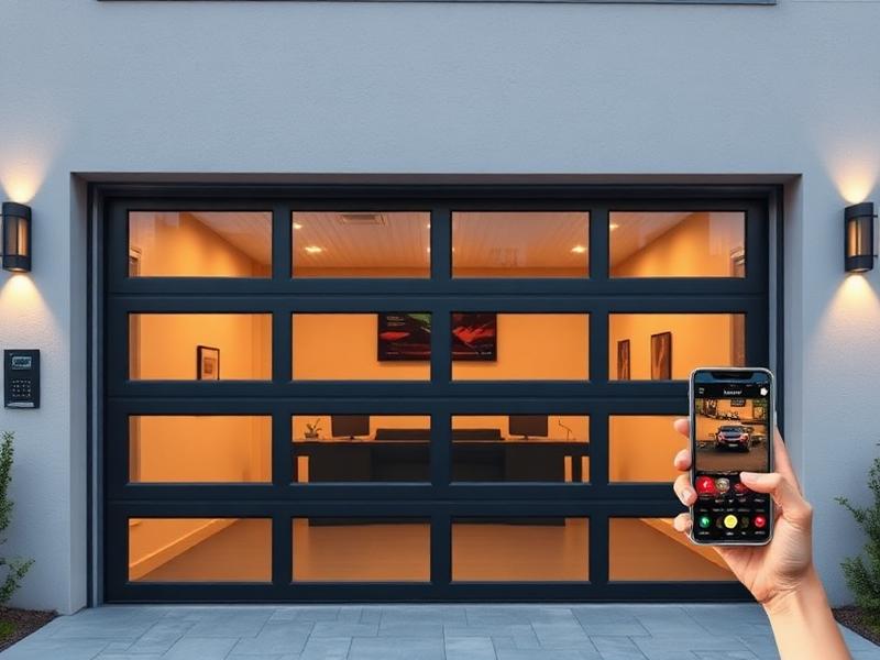 Modern insulated steel garage door with windows and smart technology features
