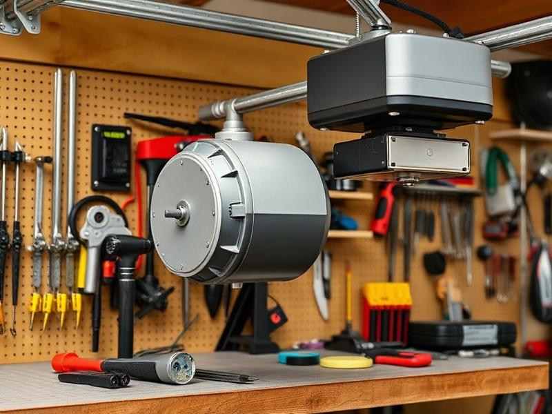 Professional garage door motor repair showing belt drive opener mechanism being serviced