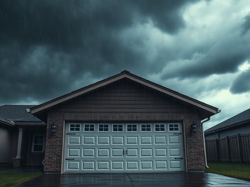 Modern garage door on home prepared for storm season with reinforced panels