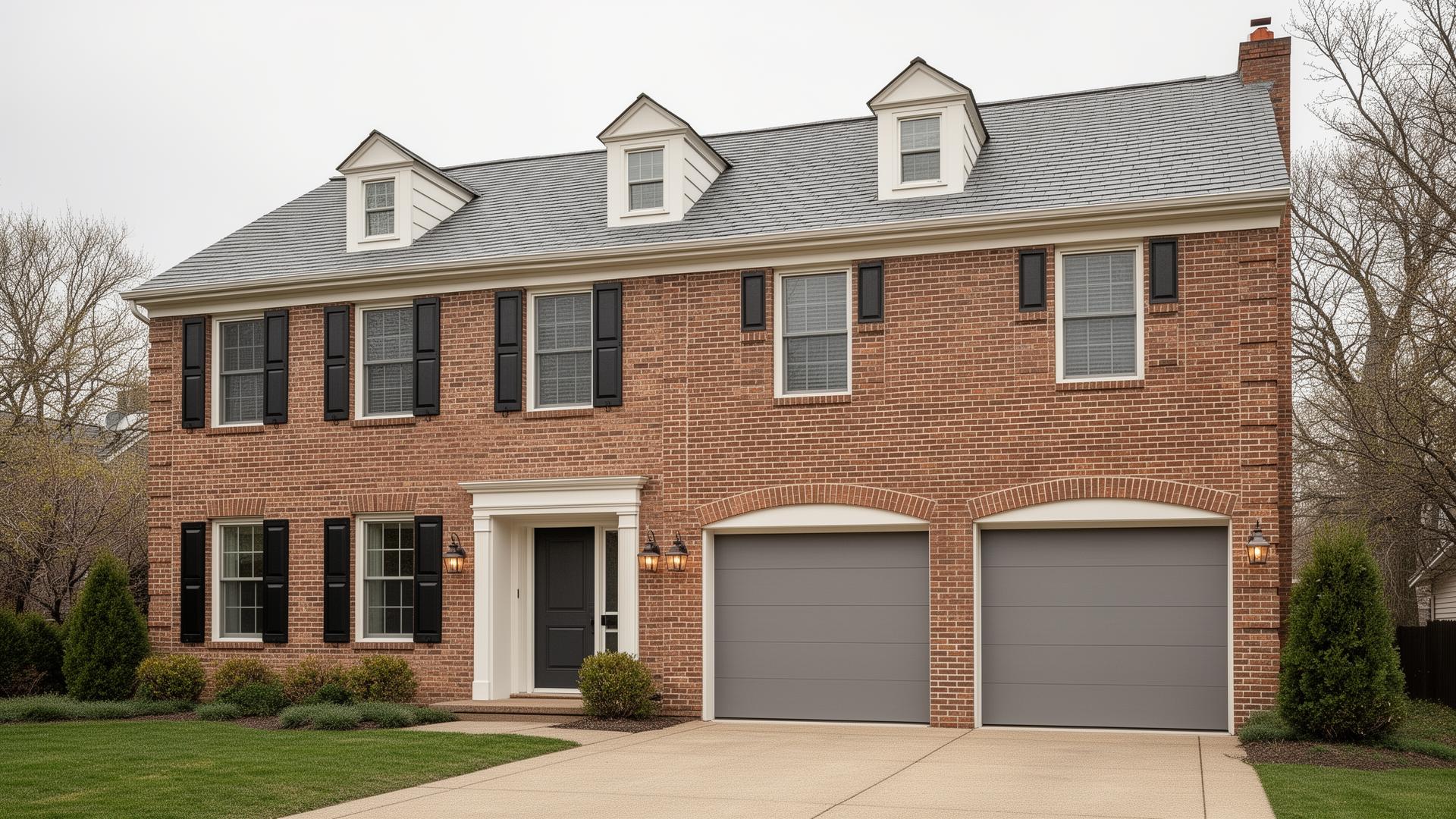 Modern flush panel garage doors on elegant colonial home in Oakland, Oregon